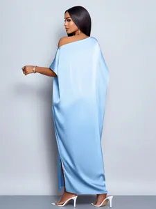 Elegant light blue satin maxi dress featuring an off-shoulder design and a side slit.