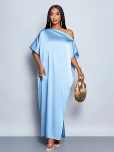 Full view of elegant light blue satin one-shoulder maxi dress with silky texture