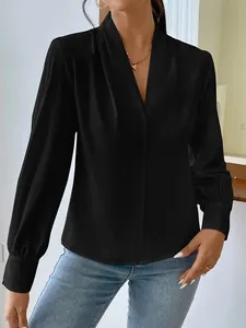 Elegant black satin V-neck blouse with long sleeves and pleated cuffs for women