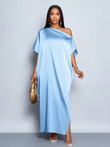 Elegant light blue satin maxi dress featuring an asymmetric neckline and smooth silky texture