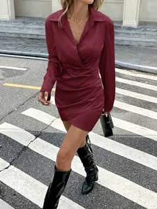 Elegant wine red satin long sleeve mini dress with sophisticated ruched waist detail