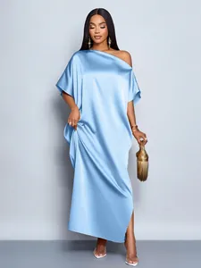 Elegant light blue satin maxi dress with one-shoulder design and loose silhouette