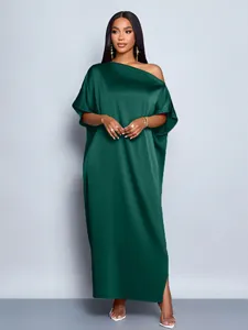 Elegant dark green satin maxi dress with asymmetrical off-shoulder and side slit detail