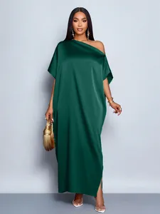 Elegant dark green one-shoulder satin maxi dress for women formal evening gown occasions