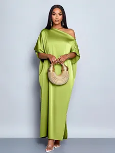 Elegant lime green satin maxi dress with one-shoulder detail and smooth fabric finish