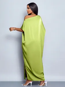 Elegant lime green satin maxi dress with off-the-shoulder design and high side slit