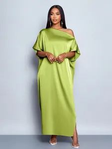 Elegant lime green satin one-shoulder maxi dress with a subtle side slit for evening gala