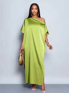Elegant lime green satin one-shoulder maxi dress for women's party or evening gown