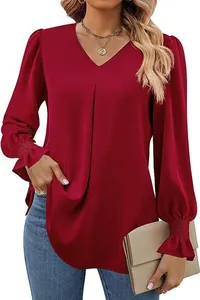 Close-up of wine red V-neck satin blouse featuring elegant flared elastic cuffs
