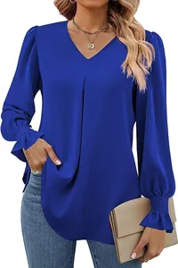 Detail view of a blue faux silk satin blouse featuring flare lantern sleeves and V-neckline.