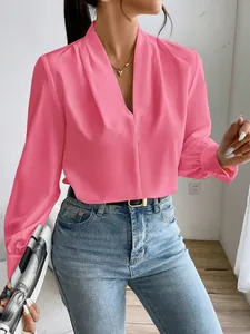 Elegant pink satin V-neck blouse for women, loose fit long sleeve spring summer top