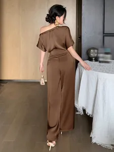 Elegant brown satin asymmetric one-shoulder jumpsuit for women's evening formal wear