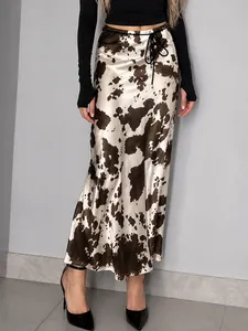 Women Cow Print Satin Midi Skirt Elegant High Waist Animal Pattern Silky A-Line Skirt Office Daily Wear Fashion Bottom