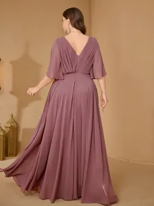 Elegant plus size mauve V-neck evening gown with ruffle sleeves back view photo