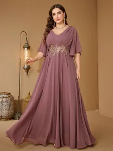 Elegant plus size V-neck dress with golden waist embroidery and flutter sleeves
