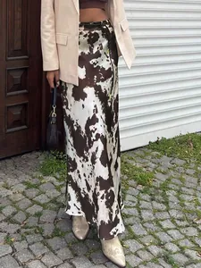 Elegant cow print satin long skirt for women with a smooth silk-like finish for spring