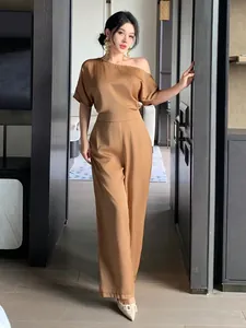 Elegant asymmetrical satin jumpsuit for women featuring a stylish wide-leg design