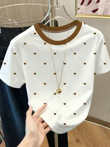 Women Elegant Short Sleeve T-Shirt Round Neck Polyester Pullover Top With Brown Heart Polka Dot Grid Print White Casual Tee