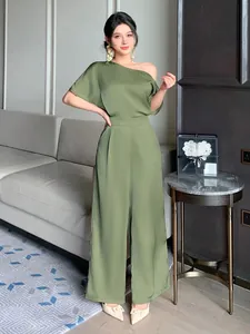 Elegant one-shoulder olive green satin jumpsuit featuring a sophisticated wide-leg cut.