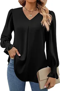 Elegant black V-neck satin blouse featuring detailed smocked ruffle cuffs and long sleeves