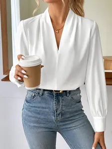 Women Elegant Satin Blouse Long Sleeve V-Neck Loose Shirt Solid Color Patchwork Casual Top For Office Commute