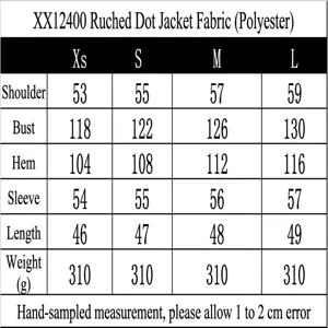 Detailed size chart for the pleated polka dot jacket featuring dimensions for XS to L