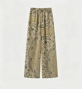 Vintage paisley print wide-leg trousers in beige color for chic summer fashion look