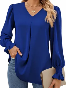 Women V Neck Satin Blouse Smocked Flare Sleeve Solid Color Long Sleeve Blouse Top Elegant Office Casual Blouse Top Imitation Silk Shirt