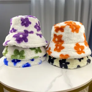 Women Winter Floral Print Bucket Hat Soft Faux Rabbit Fur Warm Plush Basin Hat Fashion Foldable Outdoor Fisherman Cap