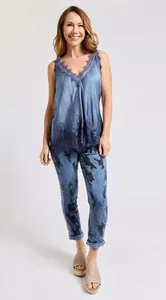 Elegant blue silk camisole top with lace trim and matching printed trousers set