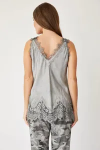 Gray sleeveless top with lace V-neck back and floral lace hem detail