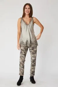 Elegant V-neck lace trim camisole top for women in greyish green, perfect for summer