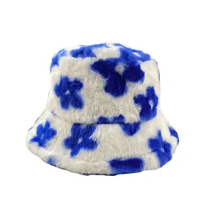 Stylish winter floral print bucket hat for women with thick warm plush material