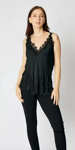 Detailed view of black camisole with delicate eyelash lace trim and V-neckline