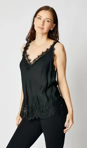 Elegant black silk camisole with delicate lace trim detailing for a sexy feminine look