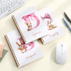 Easter Theme A5 Spiral Notebook For Office School Supplies Featuring Watercolor Letter And Rabbit Illustration Floral Design Pink Ribbon Stationery