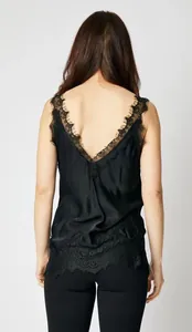Back view of a black silk camisole featuring intricate lace trim on the hem and V-neck.