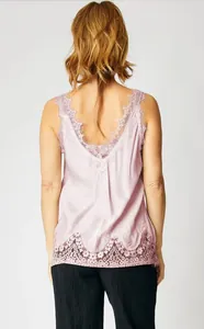 Detailed back view of pink satin camisole with delicate lace trim at the V-neck and hem
