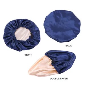 Marineblaue doppellagige Satin-Schlafhaube mit Vorder- und Rückansicht und Futter