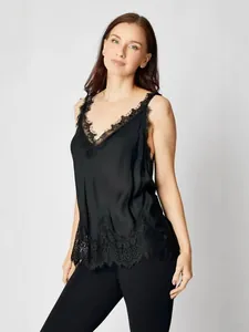 Elegant black silk-like camisole with delicate eyelash lace trim for women.