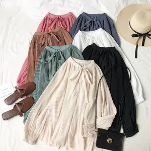 Korean Style Vintage V Neck Pleated Chiffon Shirt For Women Long Sleeve Lace Up Loose Elegant Blouse Casual Office Wear Top