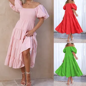 Vestito Midi da Donna con Spalle Scoperte Punto Smock Maniche a Sbuffo Balze a Strati Tinta Unita Tulle Estate Casual Vacanza