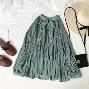 Vintage pleated chiffon blouse with V-neck tie and long sleeves in elegant sage green