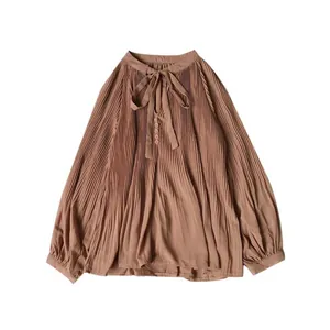 Vintage brown V-neck pleated chiffon blouse with bow tie-neck and long lantern sleeves