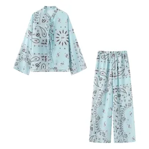 Women Polyester Paisley Printed Long Sleeve Shirt Top Or Wide Leg Pants Casual Summer Bohemian Fashion Light Lake Blue Top Bottom