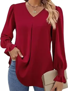 Elegant red satin V-neck blouse with long bell sleeves and pleated front detail