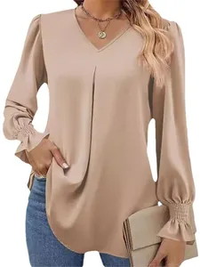 Elegant women's V-neck satin blouse with bell long sleeves in apricot imitation silk