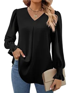 Elegant black satin V-neck blouse with long flared sleeves and smocked cuffs for women