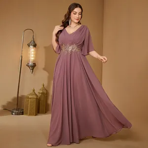 Plus Size Elegant V Neck Ruffle Sleeve Printed Maxi Dress For Women Loose Skirt Banquet Party Evening Gown Polyester Dress