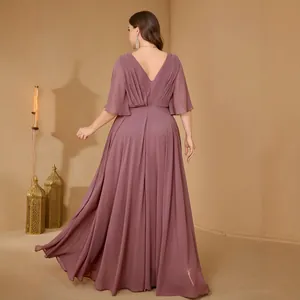 Elegant mauve plus size evening dress featuring a V-neck back and flowing ruffled sleeves